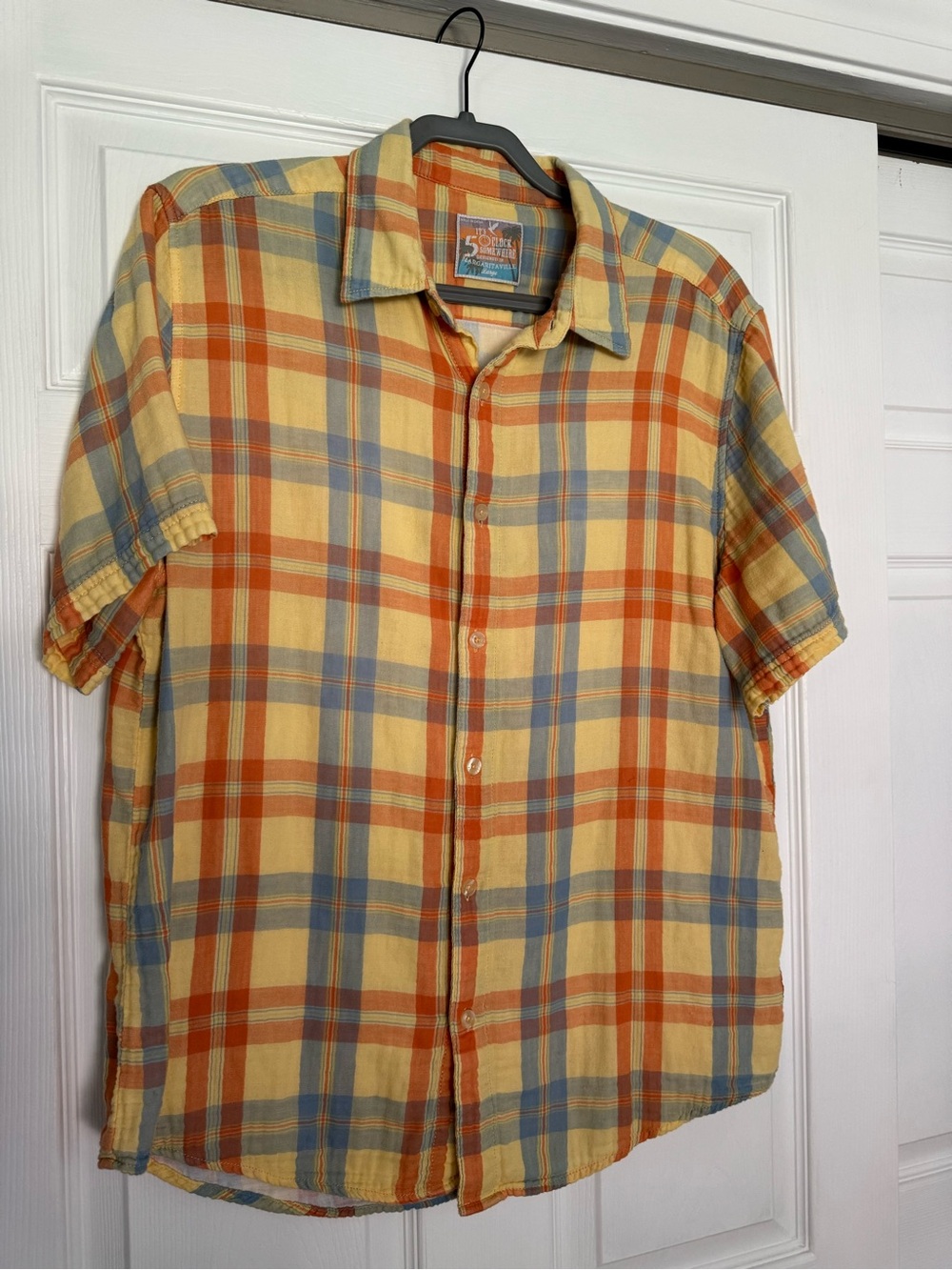 Margaritaville Yellow Plaid Shirt with Orange & Light Blue Stripes